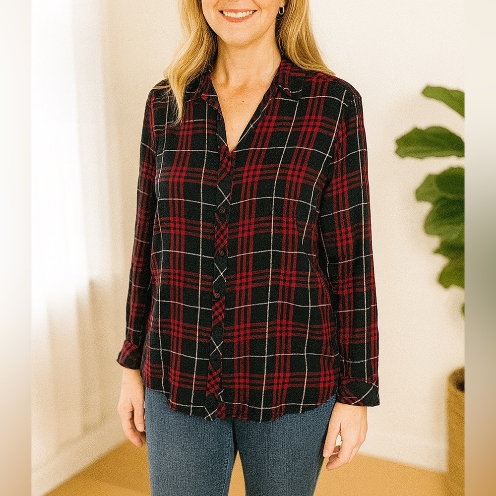 J. Jill Burgundy Red Black Rayon Button Down Plaid Shirt size XL